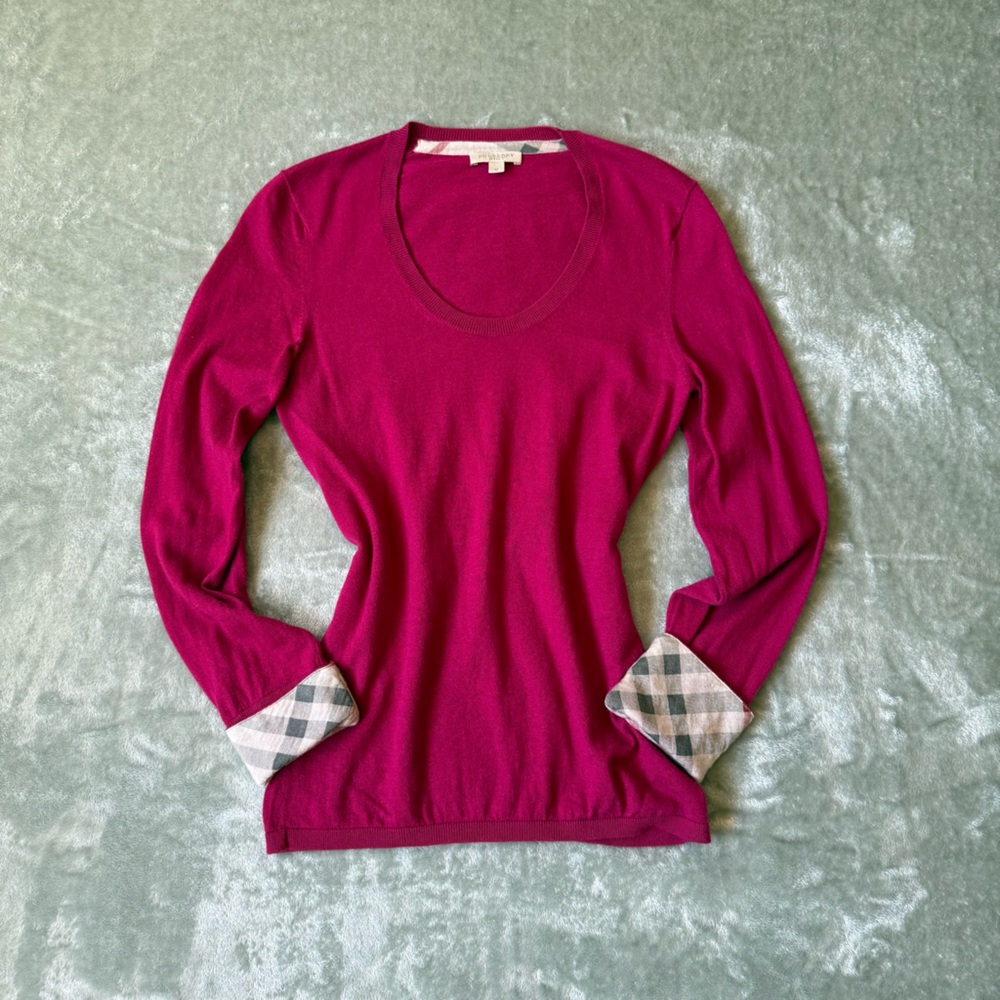 Burberry Magenta Sweater with Plaid Cuffs